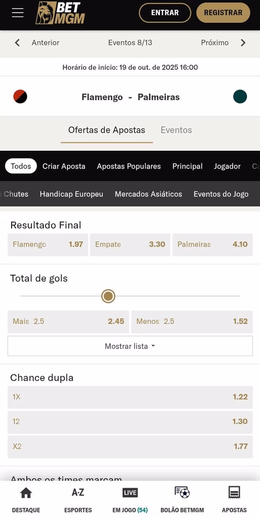 Página dos mercados de apostas do jogo Flamengo x Palmeiras na BetMGM
