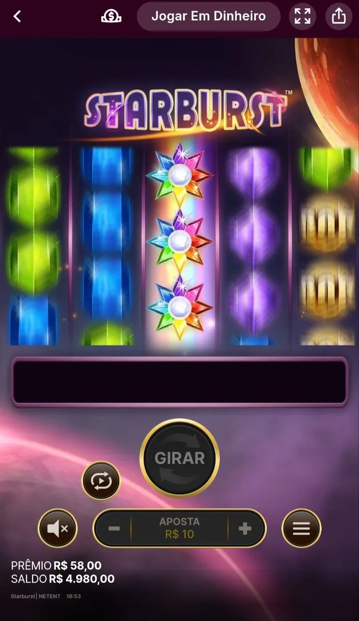 Símbolo Wild expansivo no slot Starburst da Superbet com aposta de R$10
