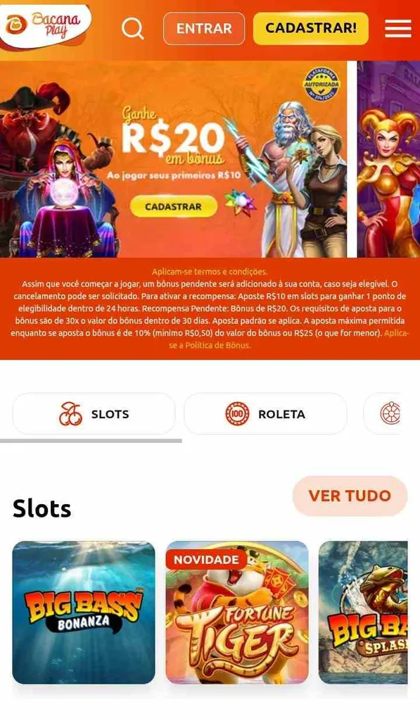 Promoção Ganhe R$20 em bônus na Bacana Play em destaque, com personagens de jogos nos banner, e ícones de 3 slots abaixo