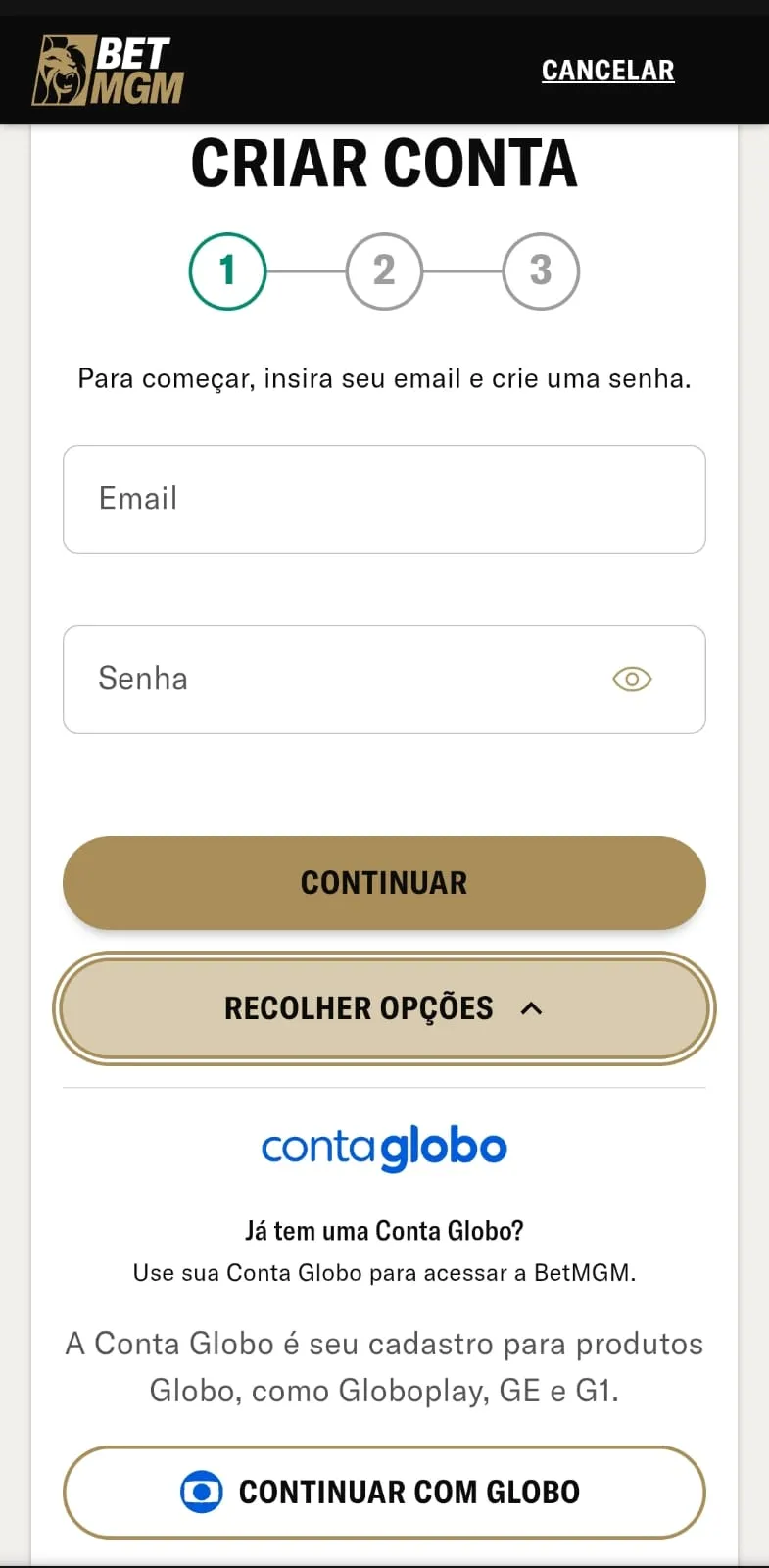 Formulário de registro da BetMGM com as opções de cadastro pelo e-mail ou pela Conta Globo
Data: 28/05/2026