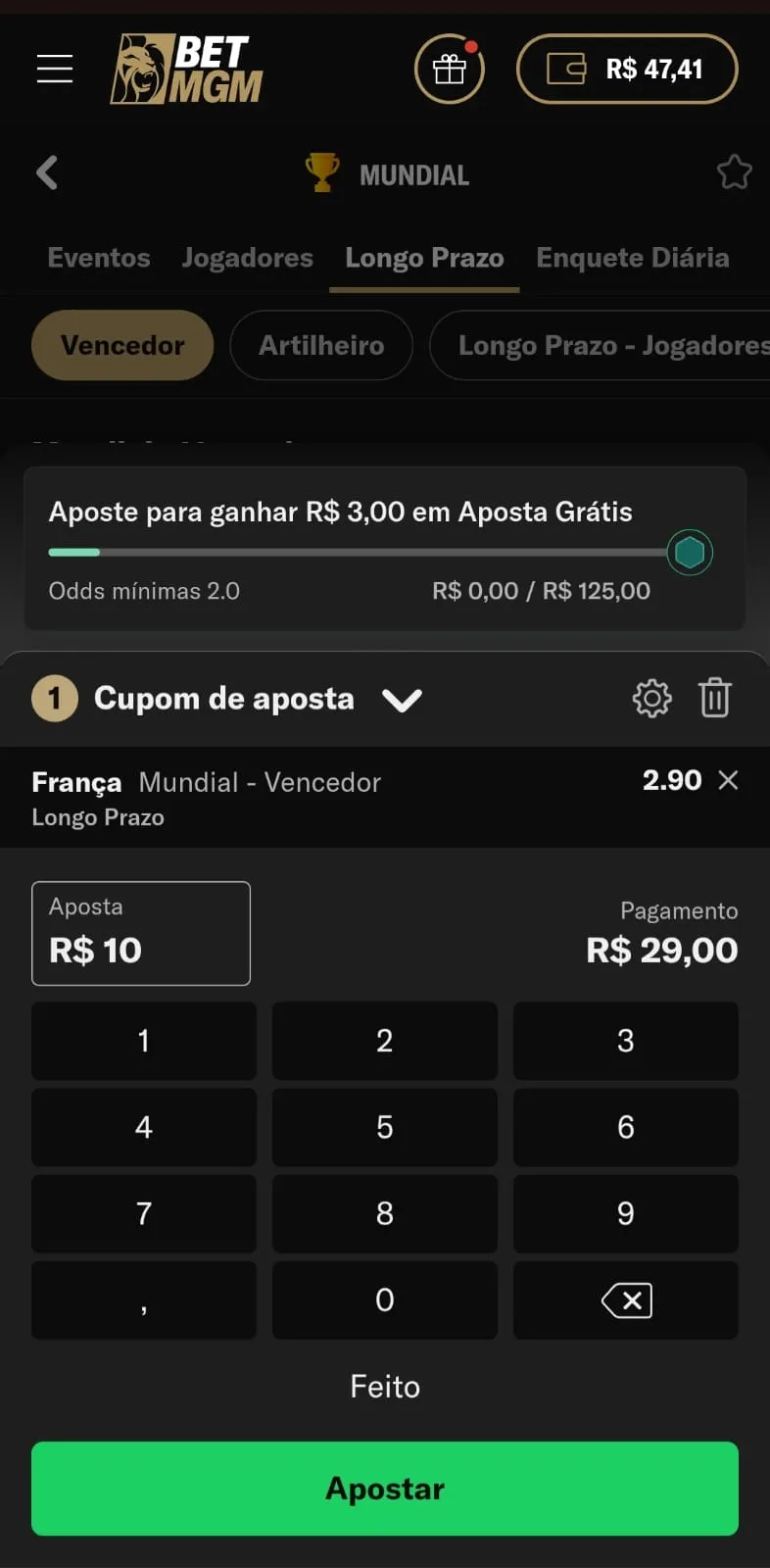 Bilhete de apostas na França como vencedora da Copa do Mundo na BetMGM com odds 2.90.