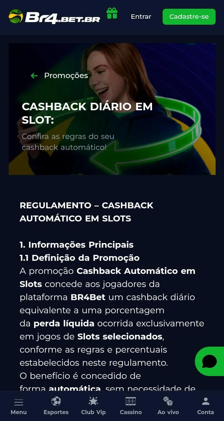 Cashback diário em slots na Br4Bet, com uma mulher sorrindo na foto e texto explicativo da oferta