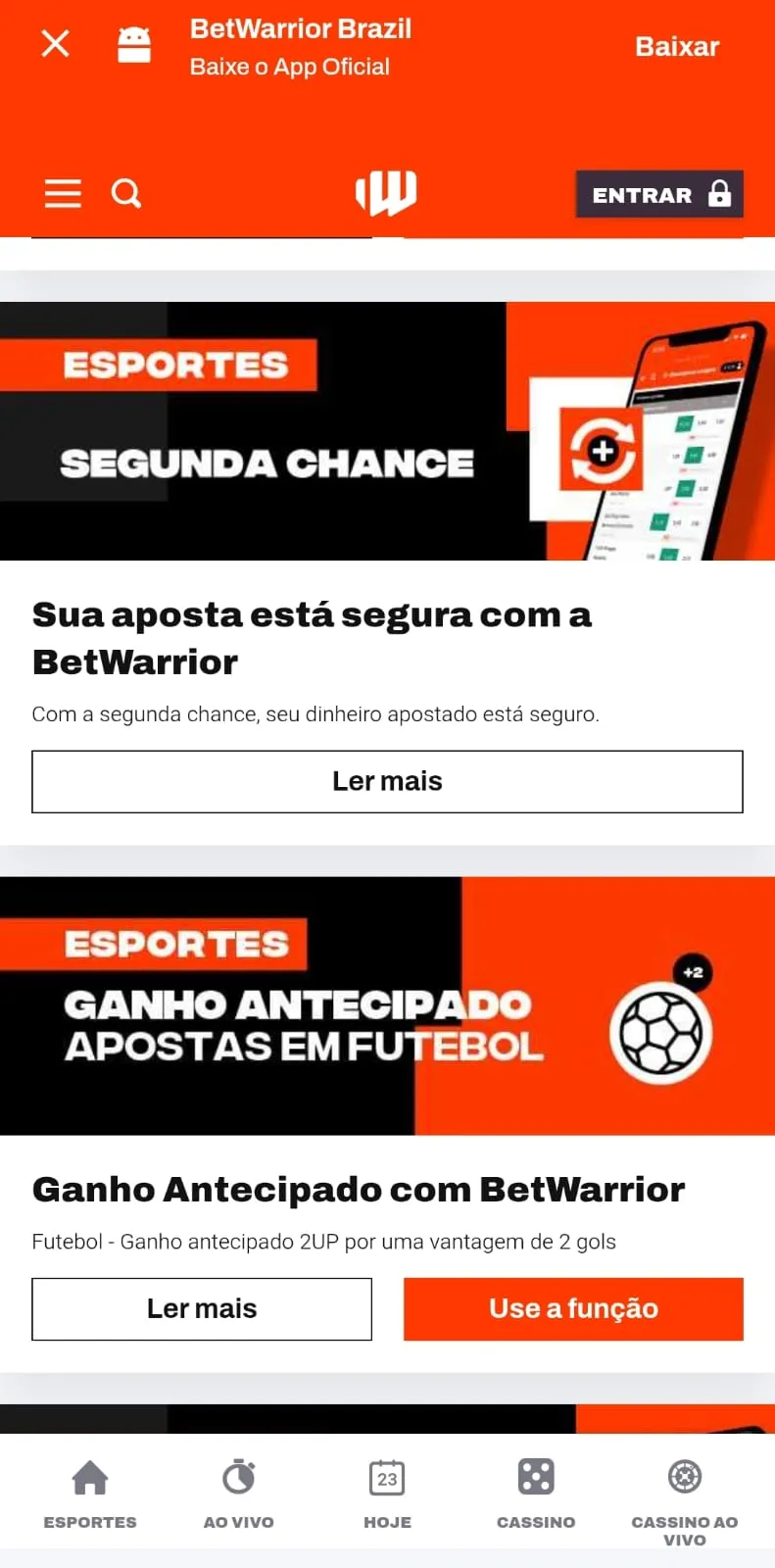 Print da página de promoções da Betwarrior com o banner do Ganho Antecipado para apostas em futebol. 