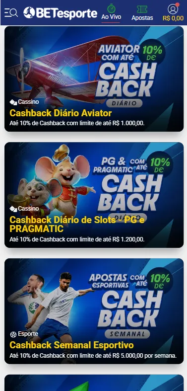 Promoções de até 10% de cashback na BETesporte