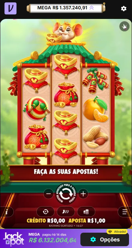 Ratinho Sortudo na Vupi com aposta de R$1 e Megajackpot ativado