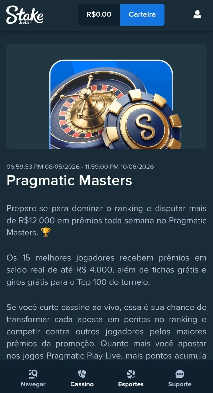 Print da página da oferta "Pragmatic Masters" no site da Stake, com explicações sobre o funcionamento do torneio.