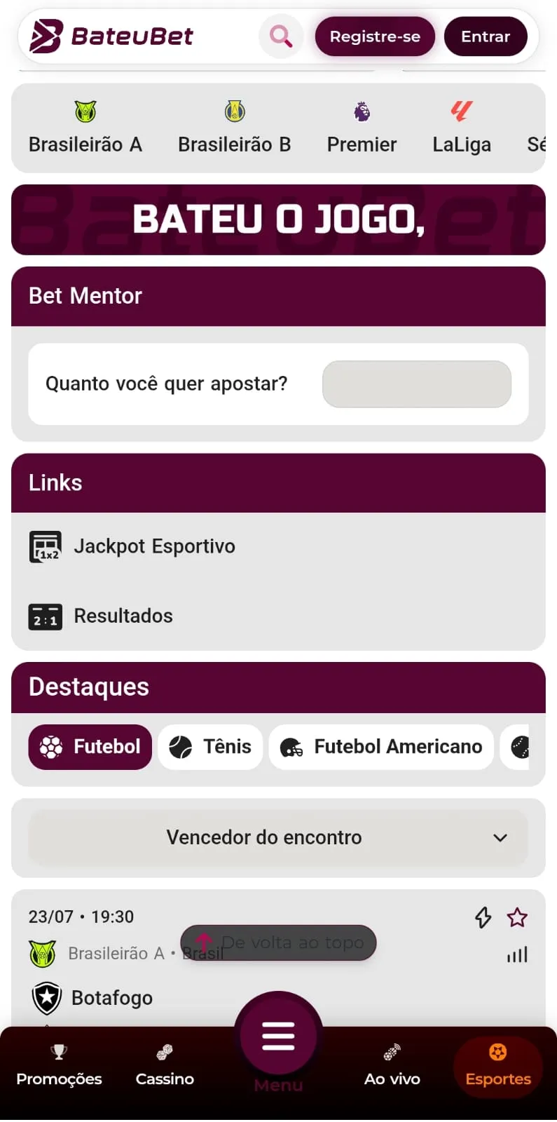 Página de apostas esportivas da BateuBet com a ferramenta Bet Mentor.