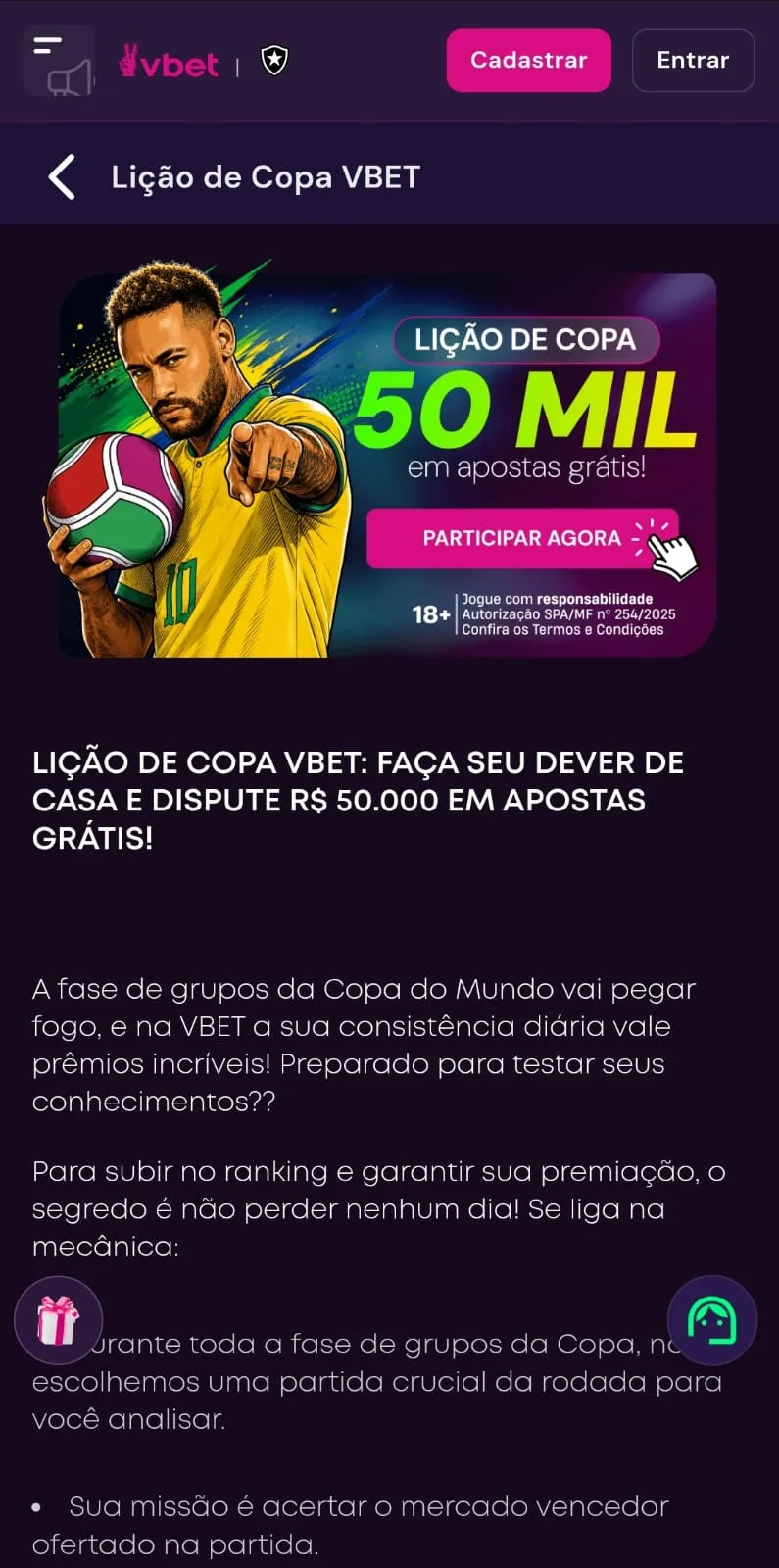 Tela mobile da Lição de Copa VBET para o Mundial de Seleções 2026
Data: 22/06/2026
