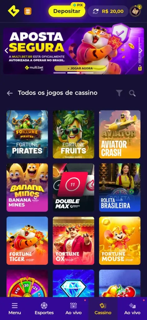 Seção do cassino da Multibet com lista de slots e outros jogos, e banner de aposta segura