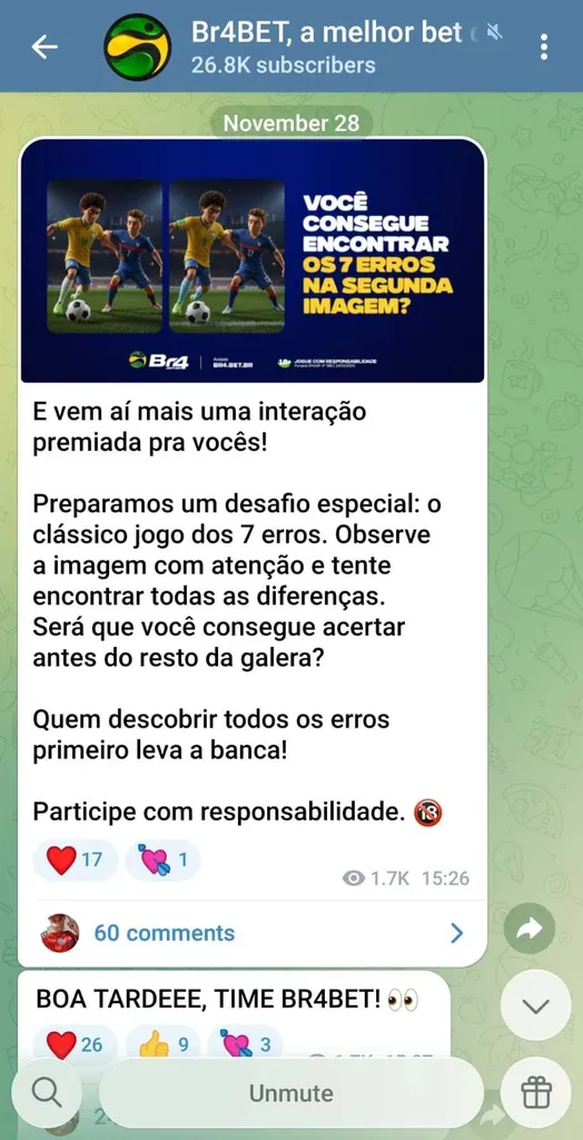 Jogo dos 7 erros com prêmios para quem acertar no grupo do Telegram da Br4bet.