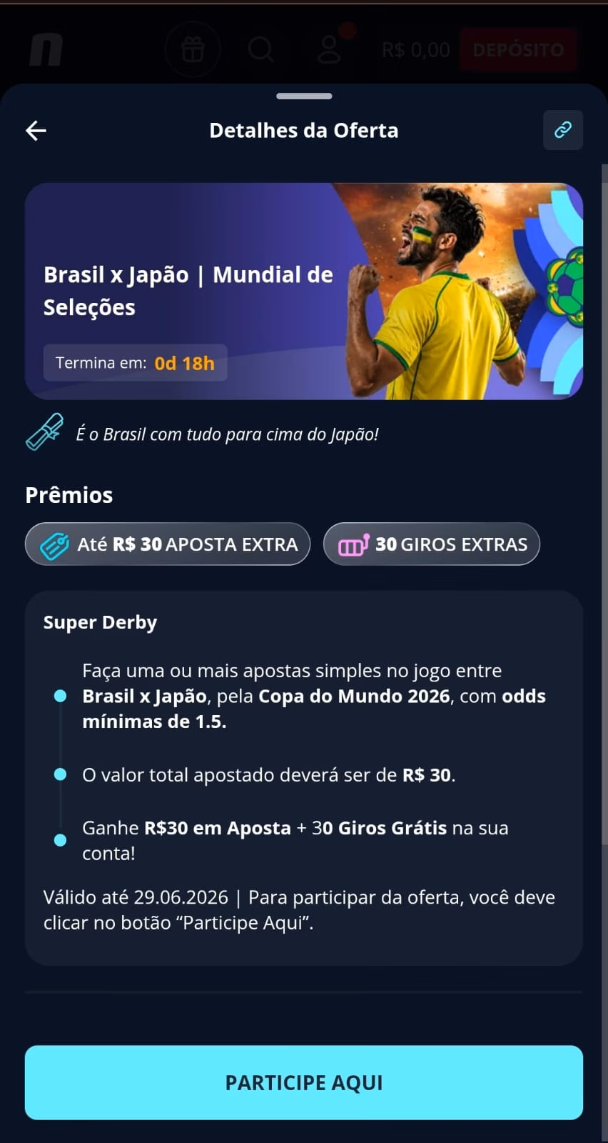 Tela da oferta Brasil x Japão da Novibet com R$ 30 em aposta + 30 giros grátis.