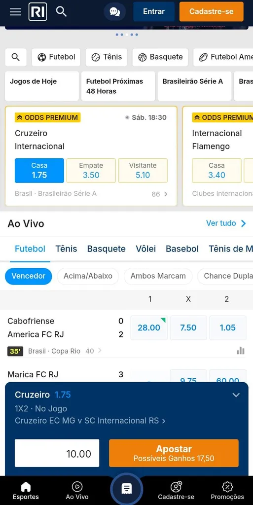 Boletim de apostas da Rivalo com uma seleção no Cruzeiro vencedor da partida com odds 1.75 e aposta de R$10.