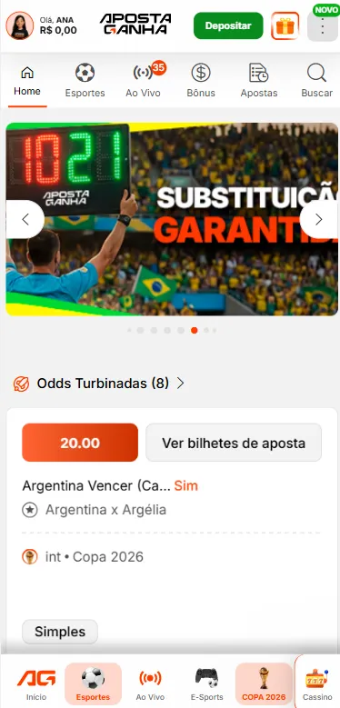 Página de esportes da Aposta Ganha com banner de substituição garantida