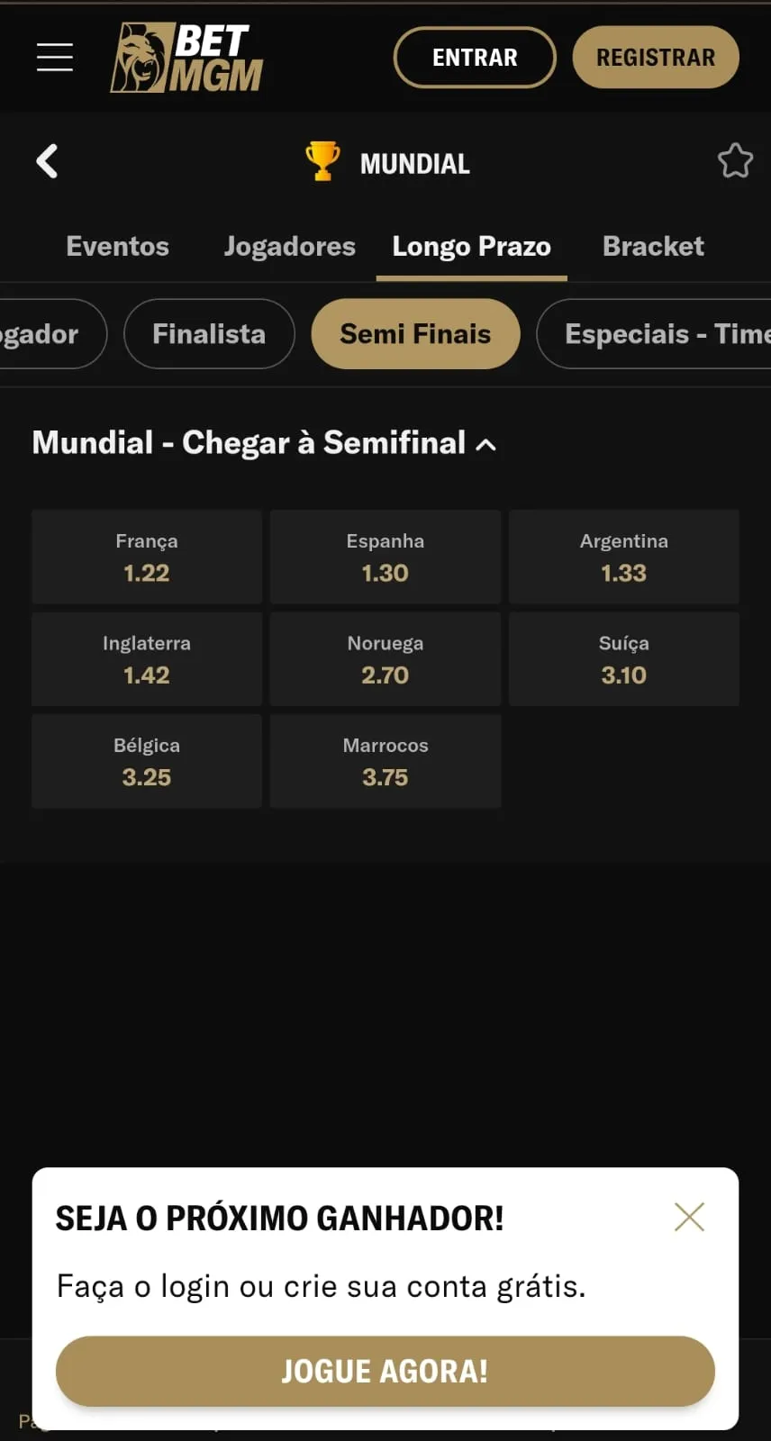 Mercado de semifinalistas da Copa do Mundo na BetMGM com odds a partir de 1.22.