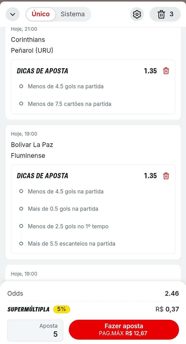 Boletim de múltiplas da Superbet com seleções do Criar Aposta, odds em 2.46 e bônus supermúltipla de 5%