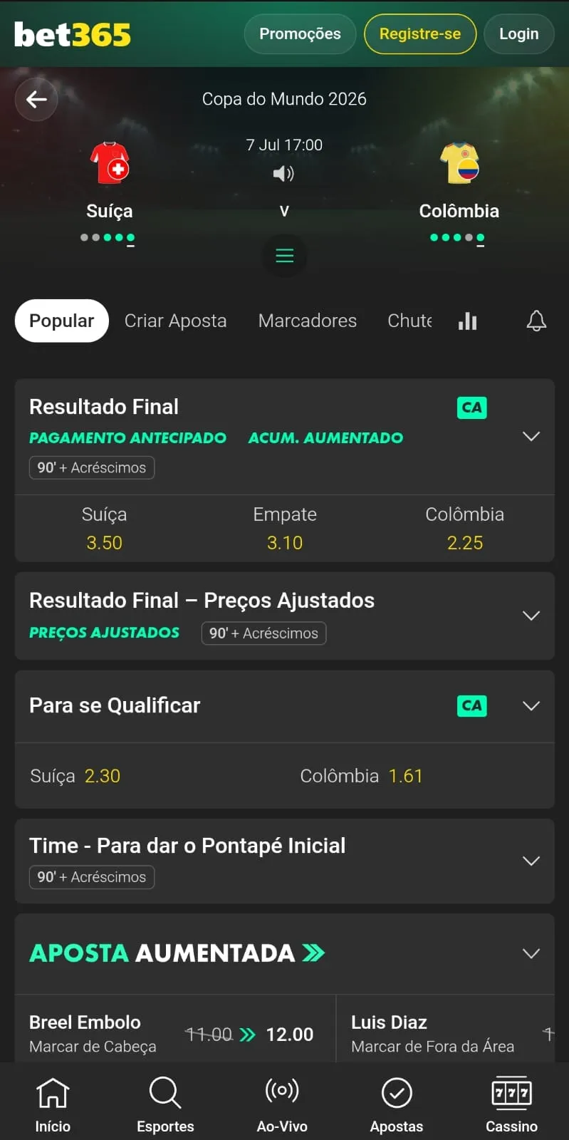 Captura de imagem da partida entre Suíça x Colômbia pela Copa do Mundo na bet365, com destaque para a opção de Pagamento Antecipado
Data: 07/07/2026