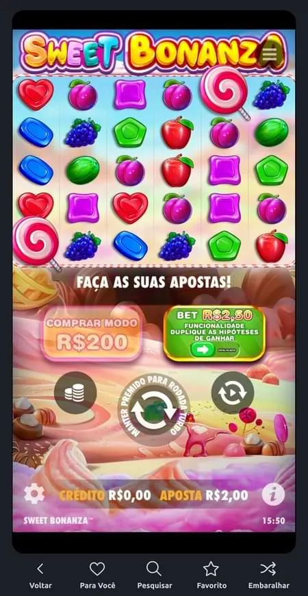 Slot Sweet Bonanza com diferentes símbolos na grade 6x5, aposta a R$2 e recurso de comprar modo bônus