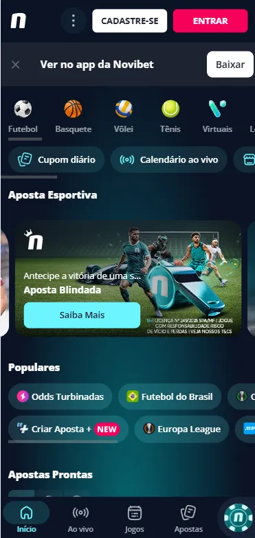Esportes na Novibet com banner de destaque para aposta blindada e categorias de futebol, basquete e vôlei