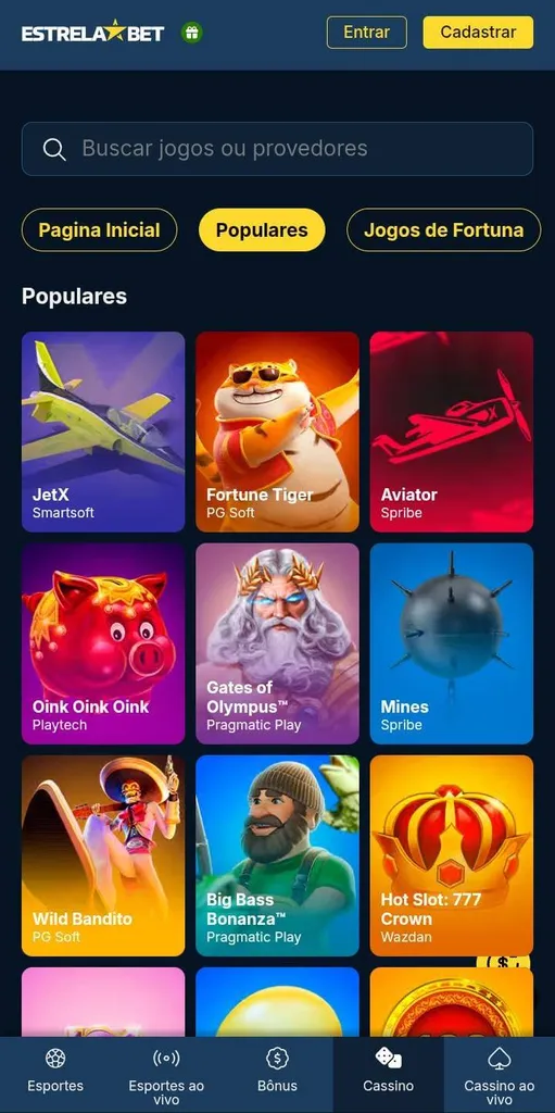 Cassino app da Estrelabet com jogos mais populares como JetX, Fortune Tiger, Aviator e mais.