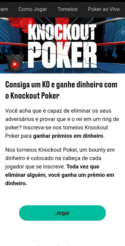 Torneio de poker Knockout Poker na Poker Stars com regras de eliminação de oponentes.