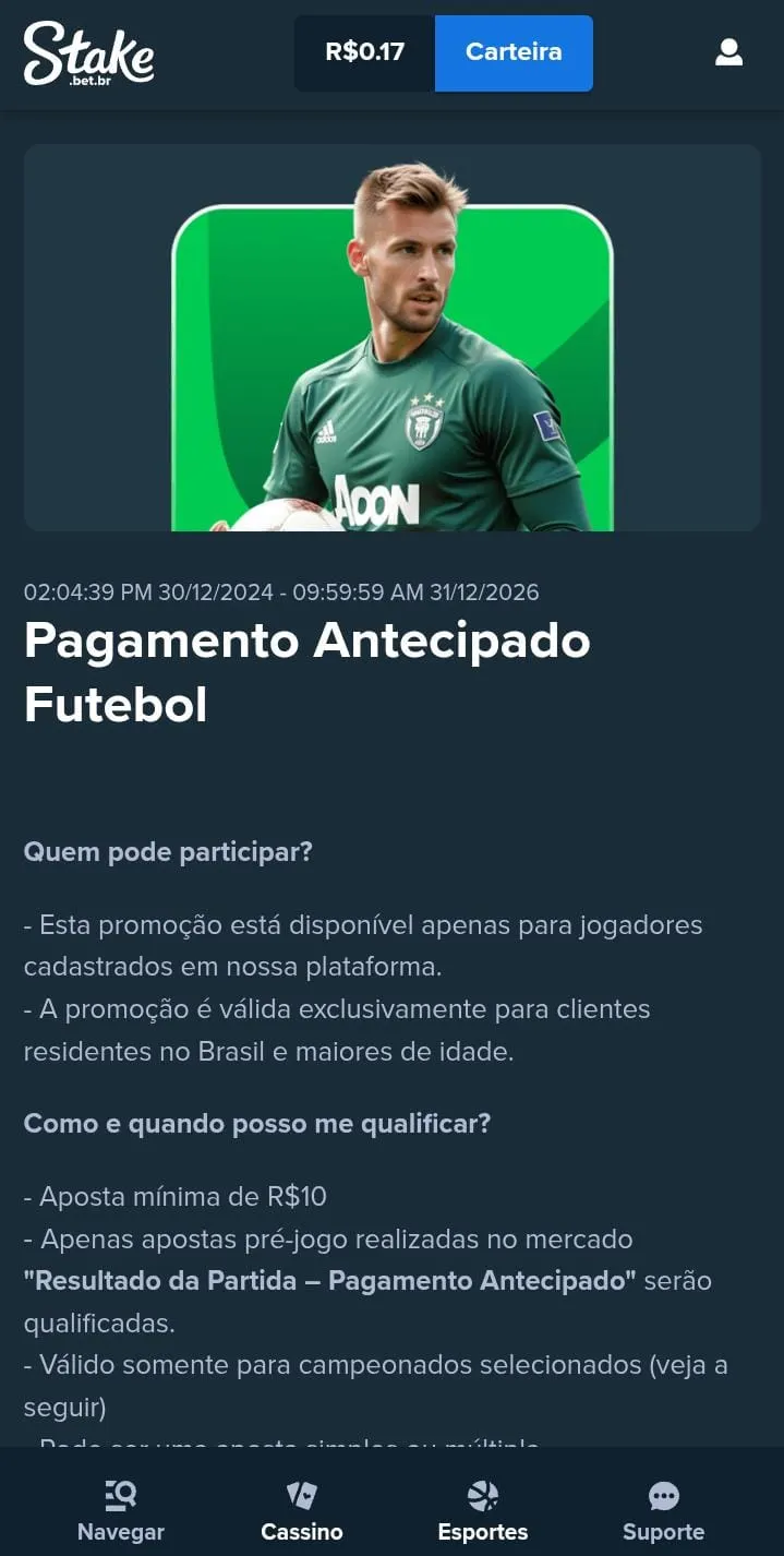Pagamento Antecipado em futebol na Stake, com texto explicativo e goleiro segurando uma bola
