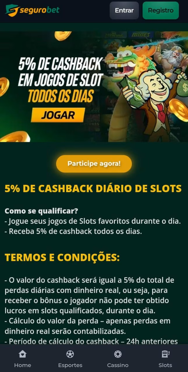 Banner com personoagens de slots, botão de Participe Agora e texto informativo do cashback diário de 5% da Segurobet