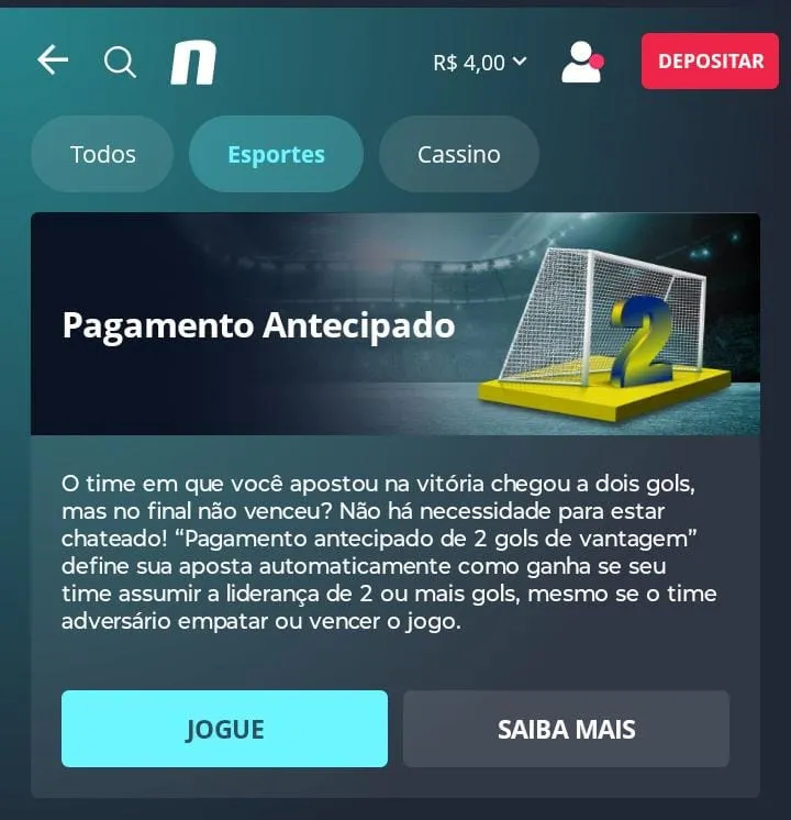 Oferta pagamento antecipado da Novibet com regras sobre 2 gols de vantagem no placar para ganhar e botões Jogue e Saiba Mais.