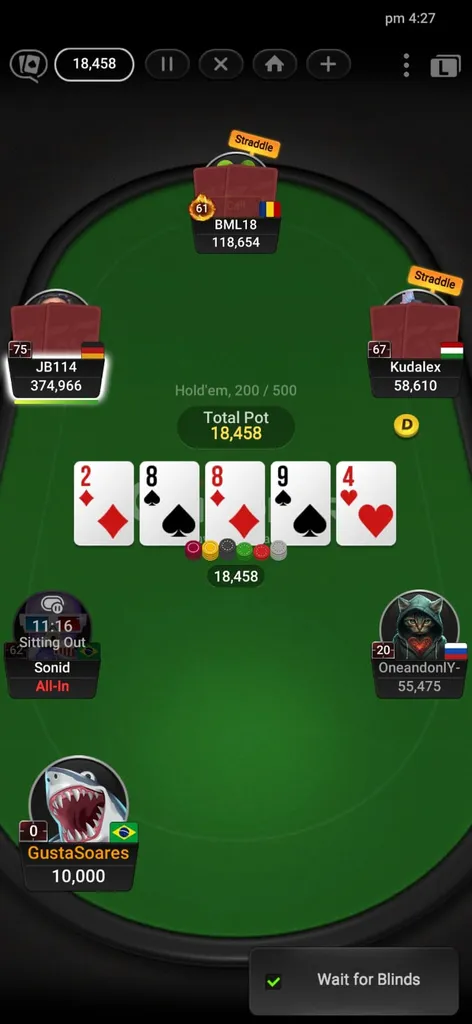 Jogo de poker Texas Holdem com seis jogadores no momento do river.