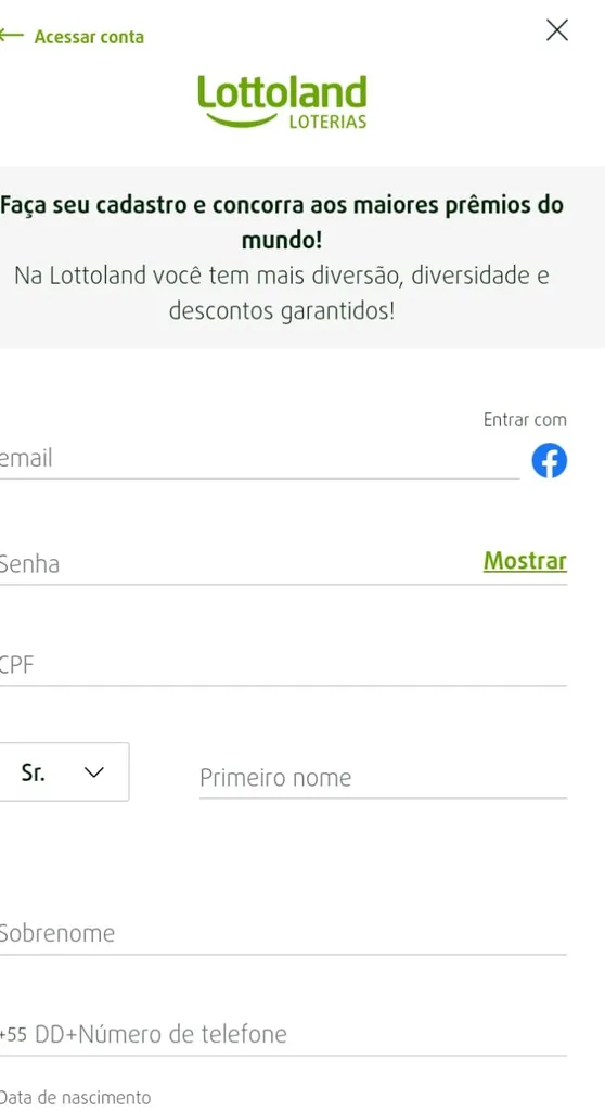 Formulário de cadastro da Lottoland, com campos de email, senha, CPF, nome e telefone