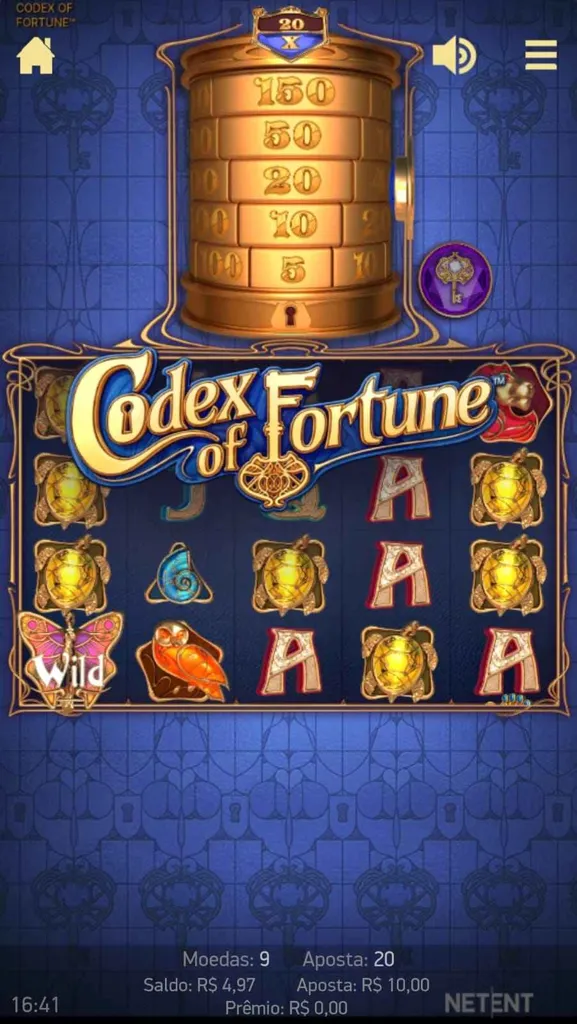 Diferentes símbolos na grade 5x3 do jogo Codex of Fortune, com uma coluna dourada acima de diferentes números