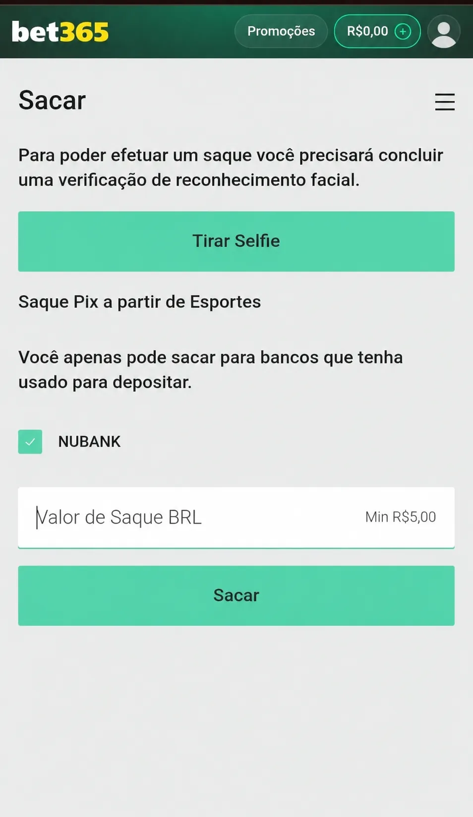 Painel de saque da bet365, com destaque para o botão de tirar Selfie e no saque mínimo de R$ 5.