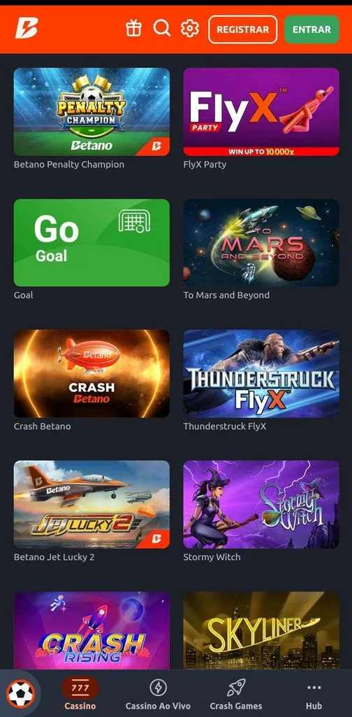 Ícones de 10 crash games da Betano, incluindo Goal, FlyX, Crash Betano, entre outros