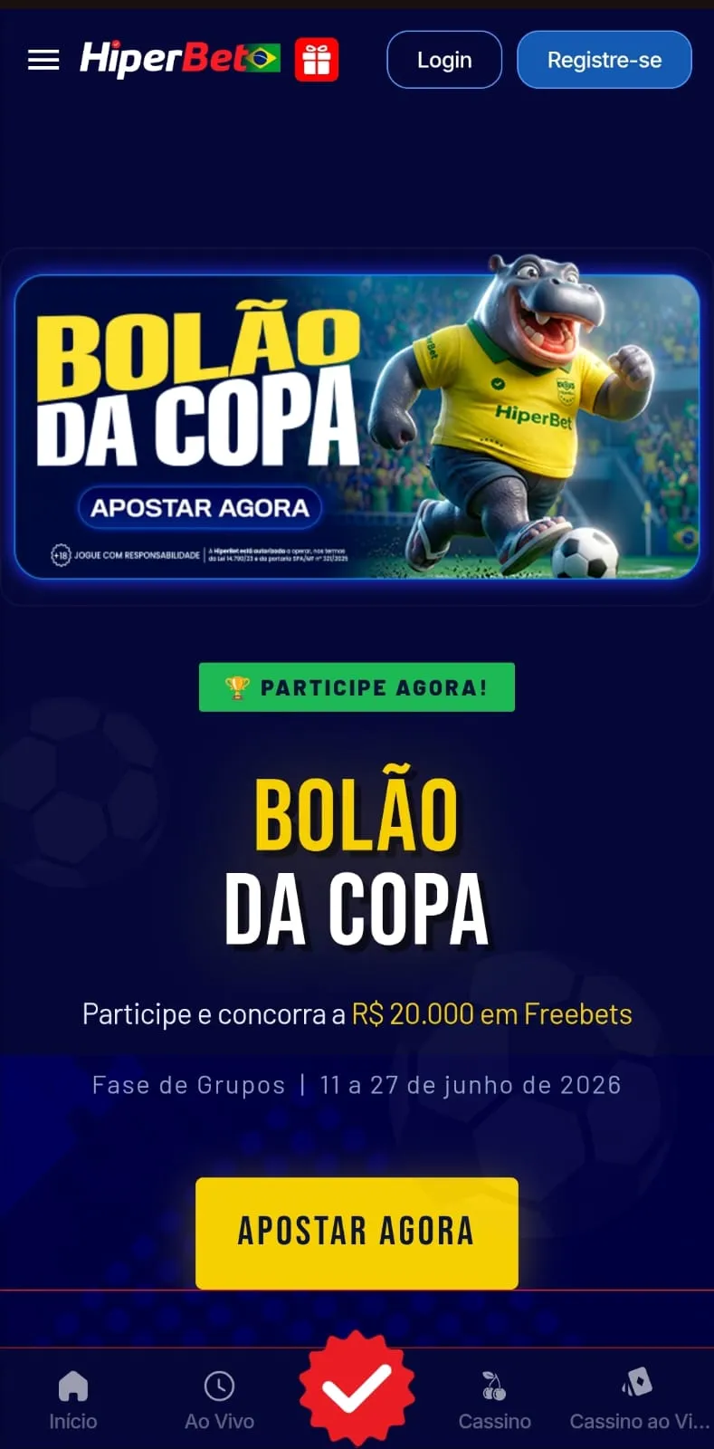 Tela mobile Bolão da Copa da Hiperbet para o Mundial de Seleções 2026
Data: 22/06/2026