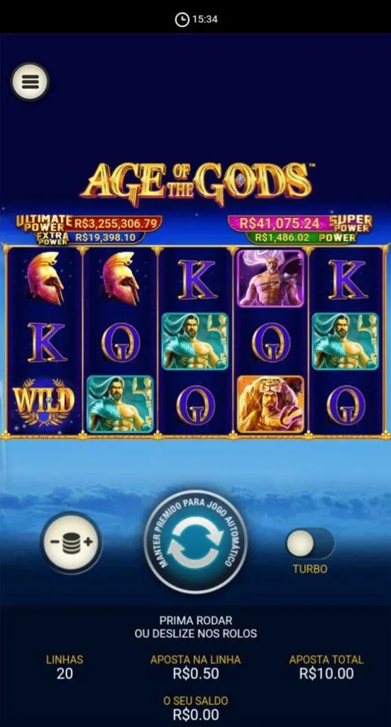 Age of the Gods na Bet365 com aposta definida no valor de R$ 0,50 em cada uma das 20 linhas e total de R$ 10. 