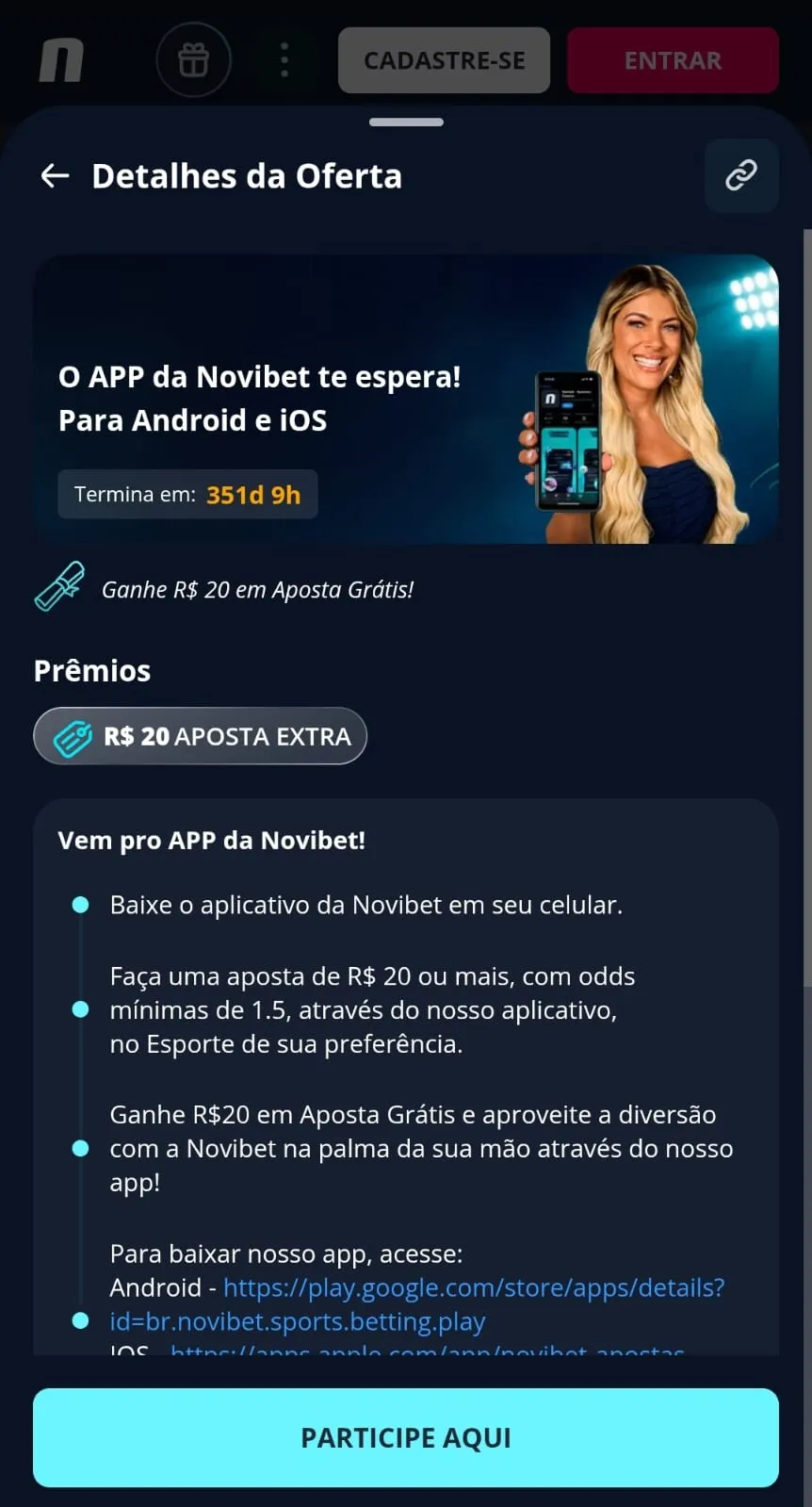 Print da oferta de aposta extra para o aplicativo da Novibet.
