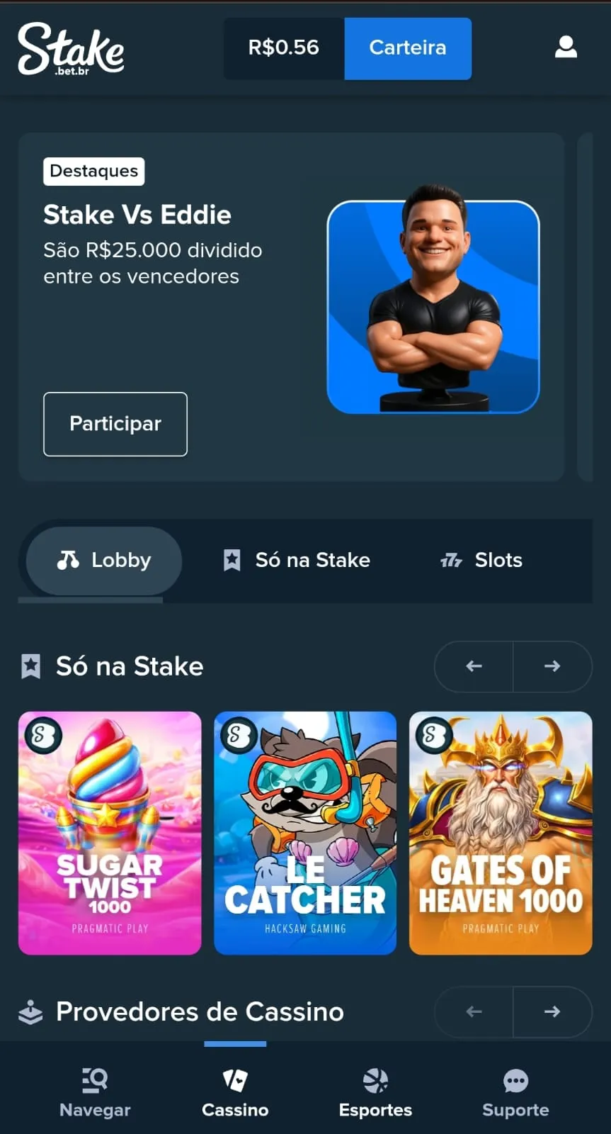 Print do banner da promoção "Stake vs Eddie", na página cassino da operadora.
