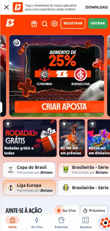 Betano com recurso Criar Aposta, promoção de aumento de 25% e competições como Copa do Brasil e Liga Europa