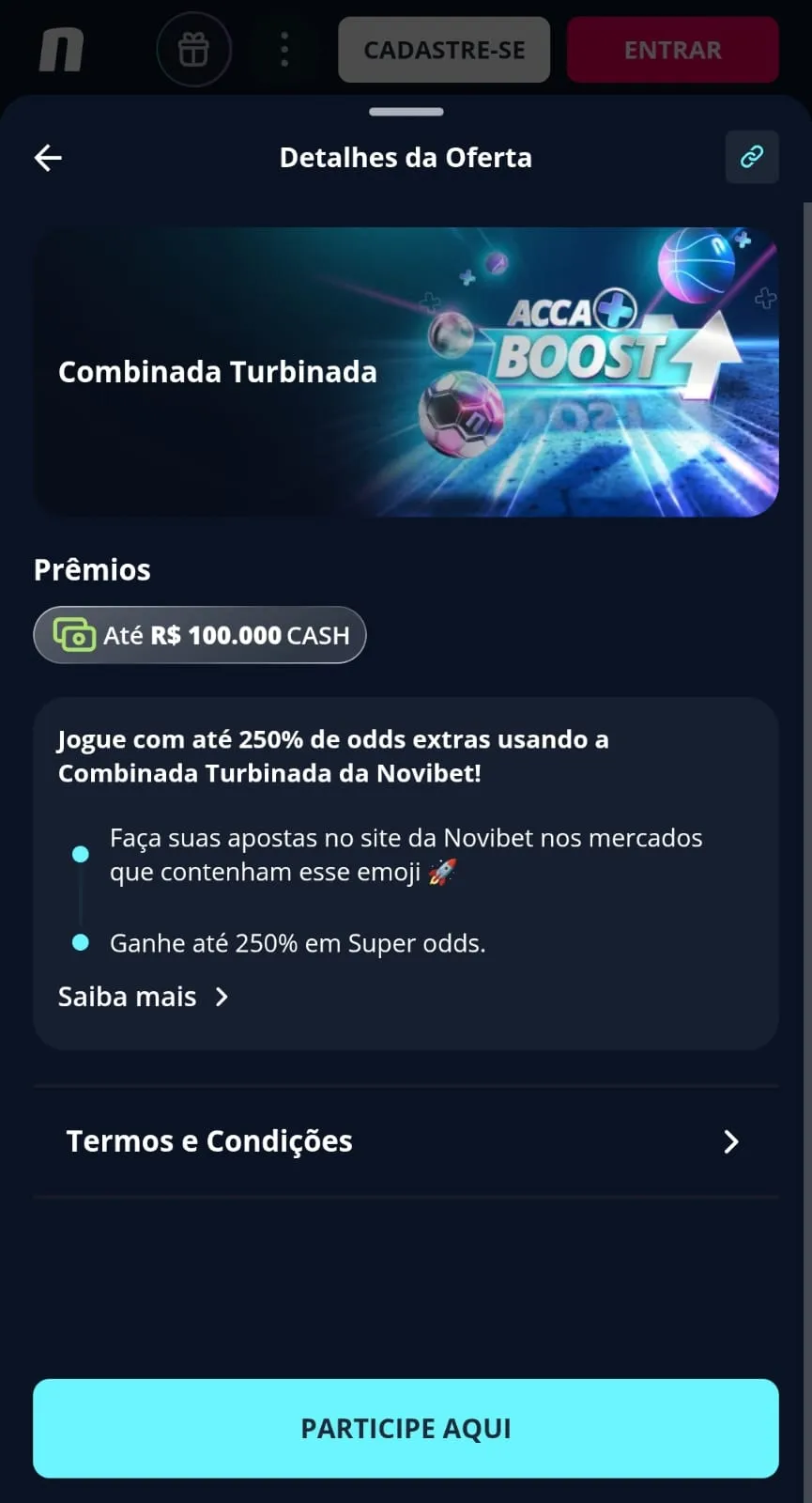 Promoção Combinadas Turbinadas na Novibet com explicação de limites e indicação de mercados elegíveis com emoji