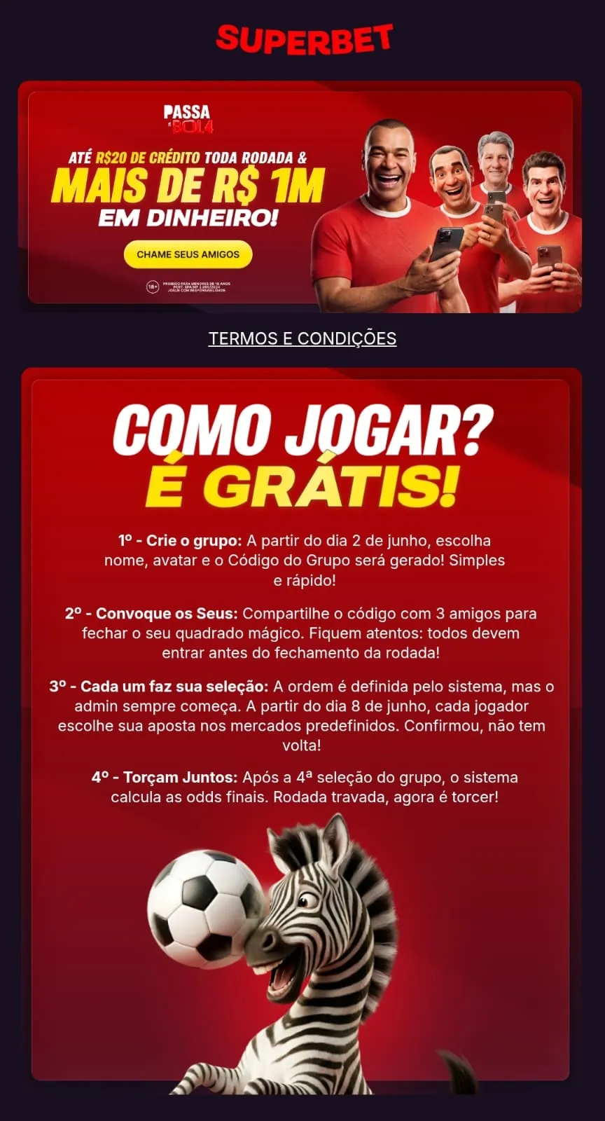 Oferta Passa a Bola da Superbet, com banners destacando os mais de R$ 1 milhão em prémios distribuídos durante a campanha e explicando como participar.