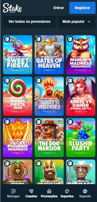 Seção de jogos com RTP Turbinado na Stake incluindo títulos da franquia Big Bass Bonanza e Sweet Fiesta