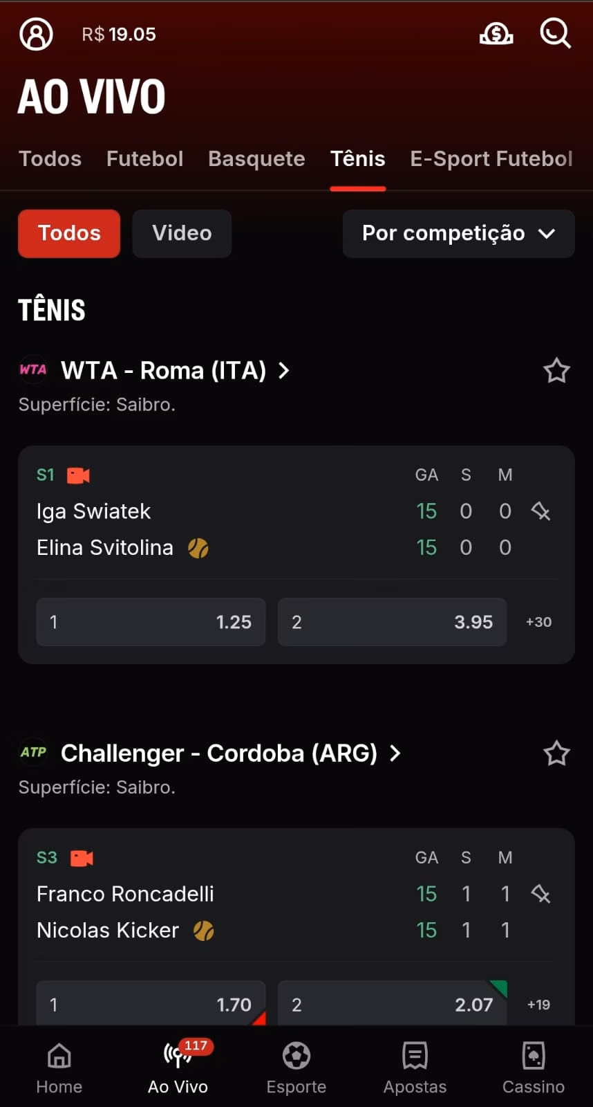 Jogos com apostas no tênis ao vivo na Superbet do WTA de Roma e Challenger de Córdoba.