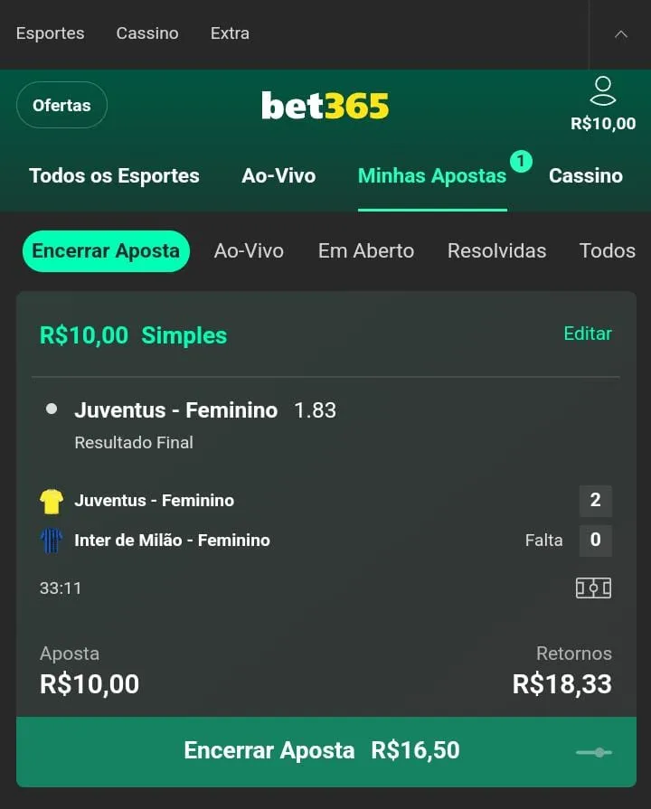 Captura de tela da bet365 das minhas apostas