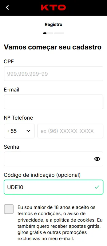 Formulário de registro da KTO, com campos de CPF, e-mail, senha e código de indicação preenchido com UDE10