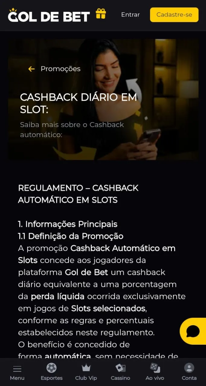 Mulher sorrindo e texto informativo sobre o ponto 1 do regulamento do cashback da Gol de Bet
