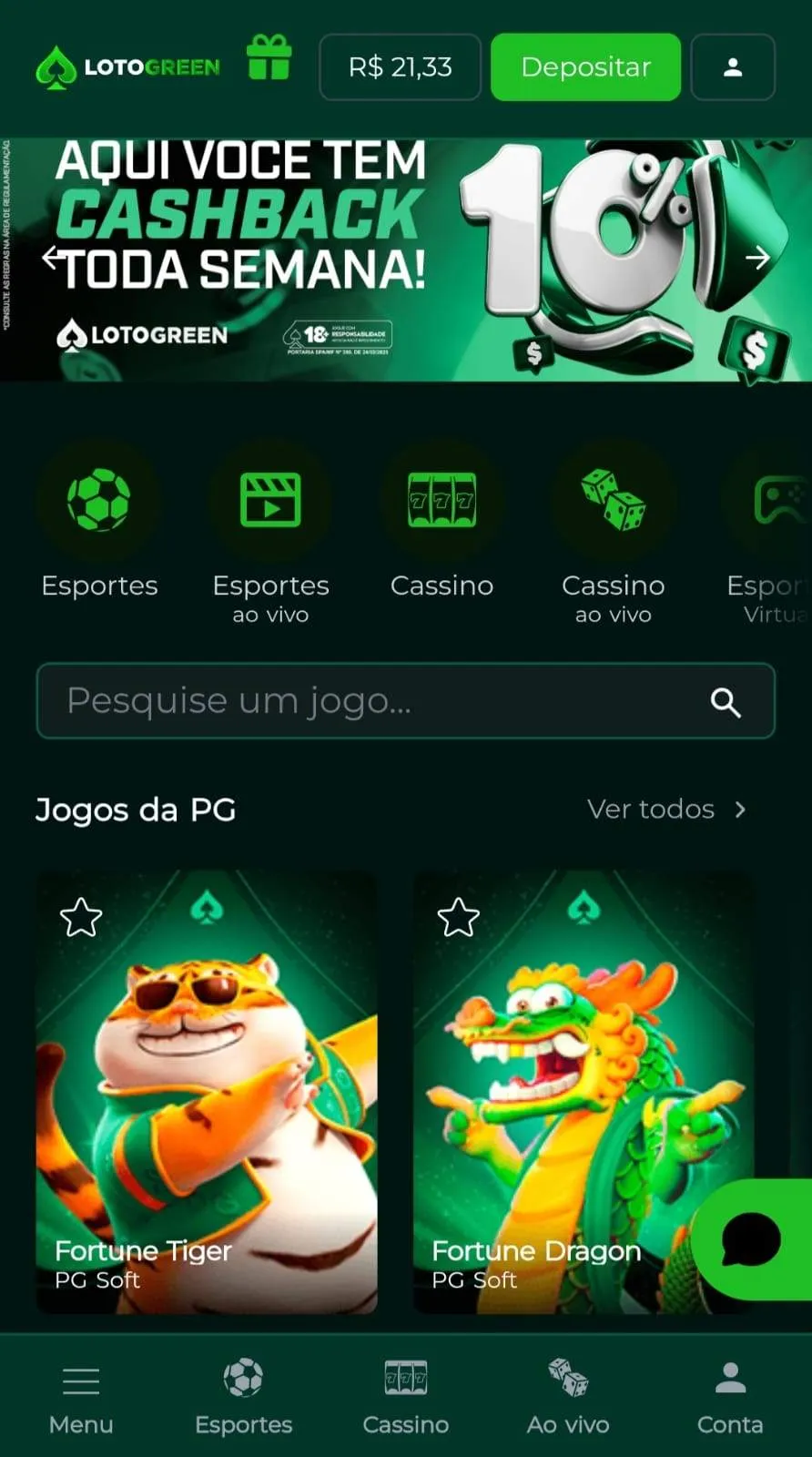 Captura de tela da página inicial do cassino Lotogreen