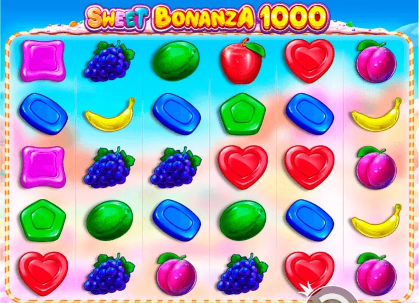 Diferentes figuras e frutas e doces na grade 6x5 do jogo Sweet Bonanza 1000