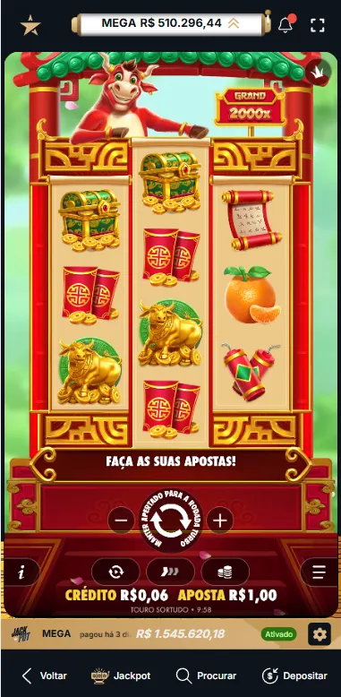 Touro Sortudo na Estrelabet com participação ativa no jackpot da plataforma
