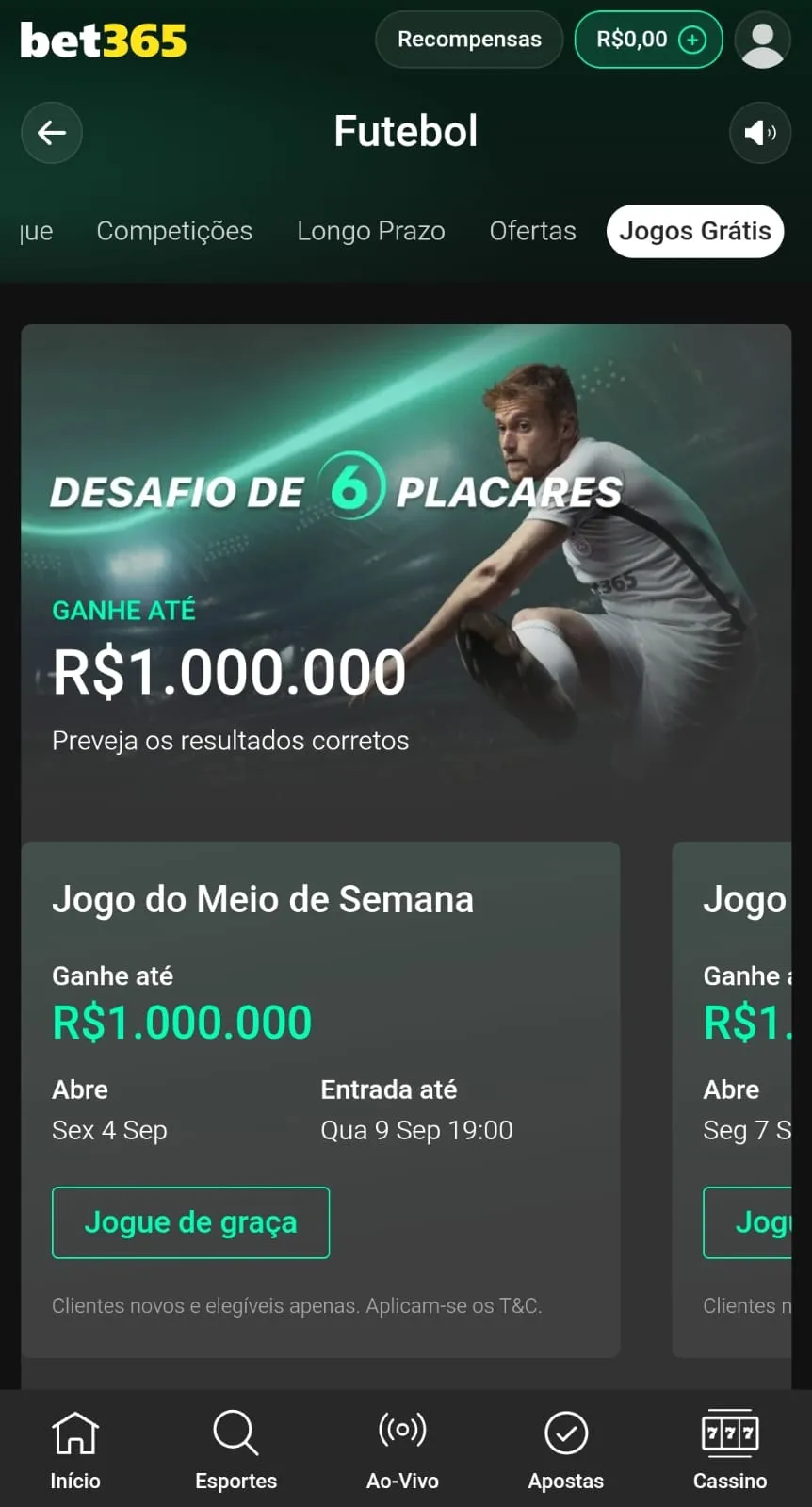Desafio 6 Placares da bet365 com prêmio a partir de dois placares corretos.