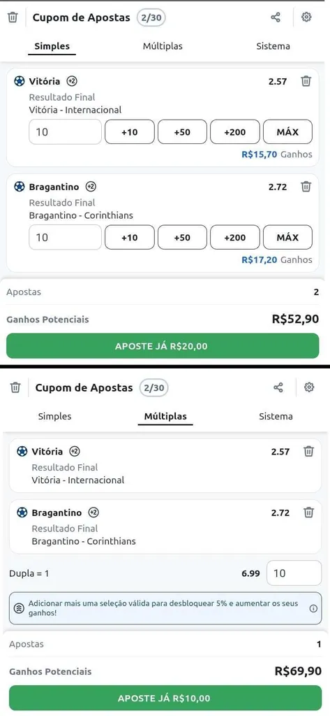 Cupons de apostas simples e múltiplas para apostas no Vitória e Bragantino, mostrando a diferença nas odds
