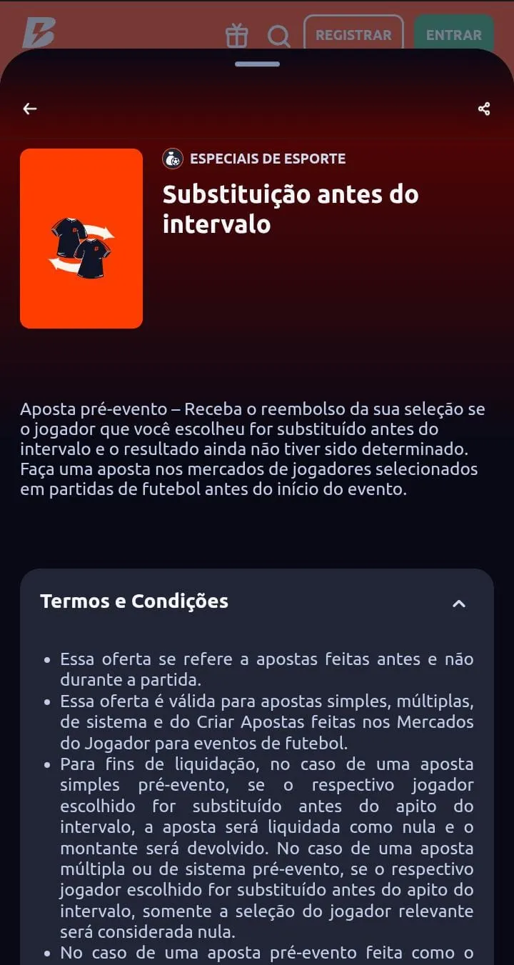 Substituição Antes do Intervalo da Betano, com termos e condições da oferta e imagem de duas camisetas sendo trocadas